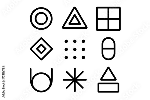 Simple geometric shapes arranged in a grid pattern on a white background for design representation of basic elements