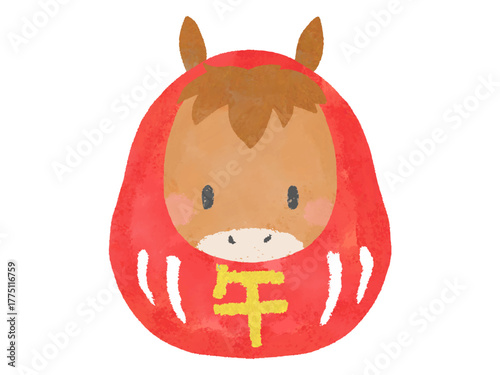 午年の馬のだるま　かわいい絵本風　水彩イラスト
