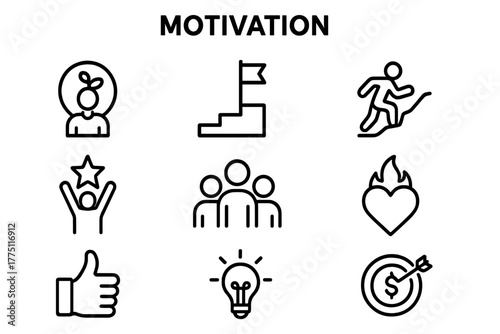Different symbols representing motivation and personal growth in a simple graphic design