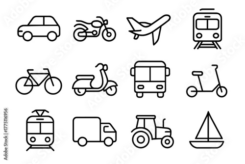 Various modes of transportation depicted in simple line art suitable for educational purposes