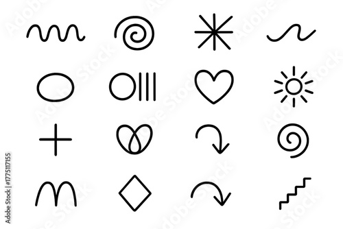 Simple black line symbols arranged in grid format for creative design purposes and artistic inspiration