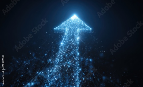 Abstract upward arrow composed of glowing particles