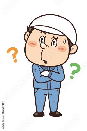 工場や現場で働く作業員が腕を組みながら考えているイラスト｜不安全行動・不安全状態・労働災害