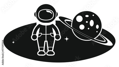 Whimsical astronaut exploring a distant planet with rings and stars in a stylized cosmic scene