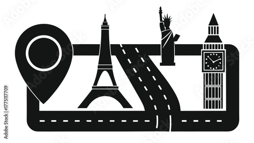 Explore iconic global destinations with this dynamic travel route illustration