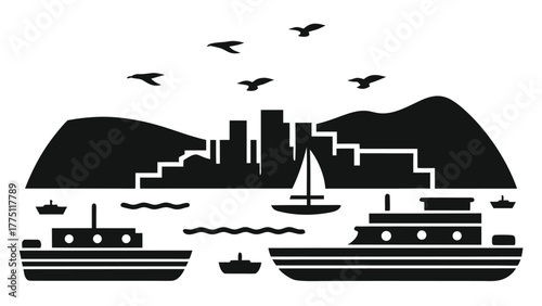 Minimalist black and white cityscape with boats, sailboat, and flying birds on the water