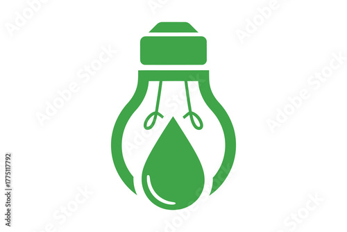 Green light bulb with water drop symbolizing eco friendly energy, vector art, symbolic Logo