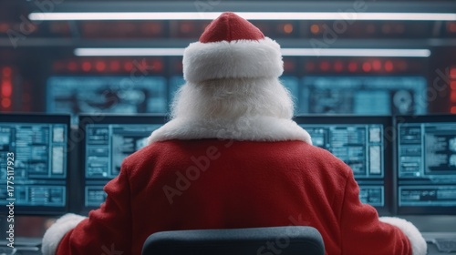 Santa Claus in Cybersecurity Command Center Monitoring Activities on Christmas Night with High-Tech Screens in Background