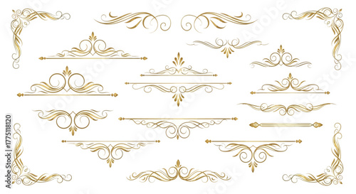 Elegant Gold Flourish Dividers & Ornamental Border Designs | Vintage Decorative Scroll Frames, Classic Victorian Luxury Line Art Elements