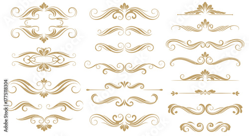 Elegant Gold Flourish Dividers & Ornamental Border Designs | Vintage Decorative Scroll Frames, Classic Victorian Luxury Line Art Elements