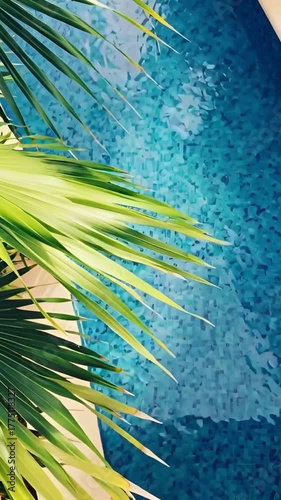 Palm Tree Leaves Swaying Gentle Breeze Over Blue Water Swimming Pool Luxury Tropical Resort