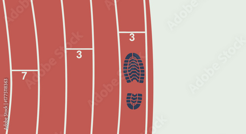 Overhead view of a red running track with lane numbers and a prominent footprint graphic.