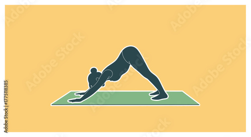 Illustration of a woman in downward-facing dog yoga pose on a mat.