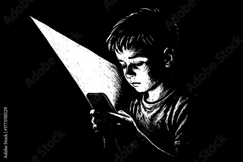 Child looking at phone in the dark – screen time and online safety illustration