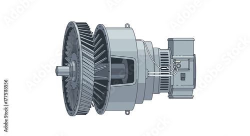 Detailed 3D vector illustration of an industrial electric motor or power generator assembly on an isolated white background. Technical engineering concept