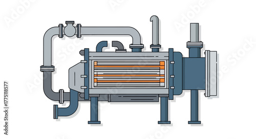 Technical line art illustration of an industrial shell and tube heat exchanger for thermal energy transfer processes