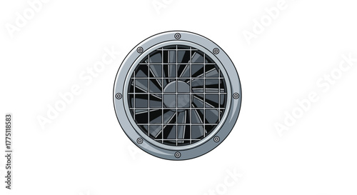 Isolated grey metal exhaust fan with spinning blades and a grate, a concept for industrial air conditioning and ventilation