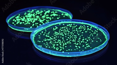 Glowing Luminescent Bacteria Growing on Agar Plates