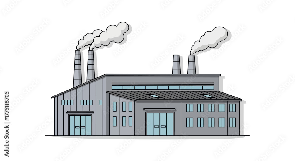 Obraz premium Industrial manufacturing plant with smokestacks emitting smoke. Flat design vector illustration of a factory complex isolated on a white background