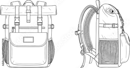Backpack front and side technical fashion sketch with roll top design, straps and pockets, cad drawing flat vector illustration
