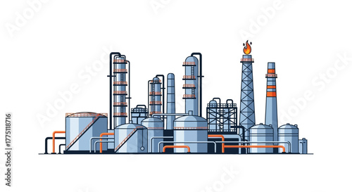 Industrial plant vector illustration of a chemical processing facility or oil refinery with pipelines and distillation towers isolated on white