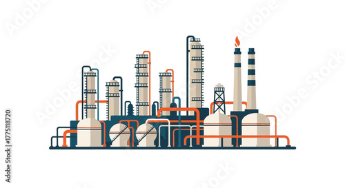 Vector illustration of a large industrial plant, oil refinery or chemical factory complex isolated on a white background
