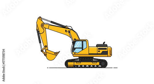 Yellow excavator heavy machinery vector illustration. Side view of a powerful digger vehicle for construction and building projects isolated on a white background