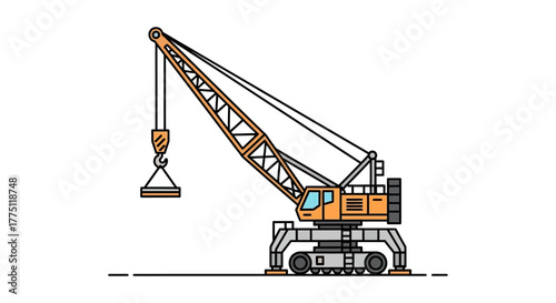 Flat line art illustration of a mobile crawler crane on tracks, an industrial construction site machinery vector icon isolated on a white background