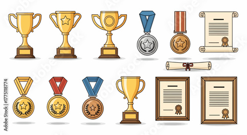 Vector Illustration Collection of Trophies, Medals, and Certificates for Achievements and Awards