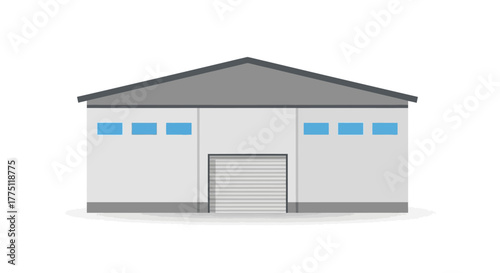 Vector illustration of a modern warehouse building. Industrial storage facility with a large garage door, isolated on a white background for business and logistics design