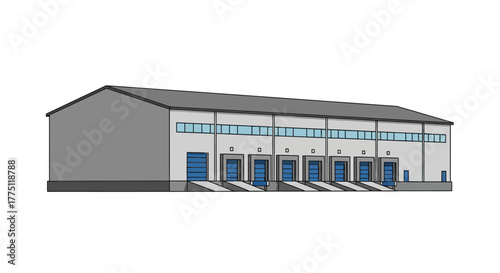 Vector illustration of a large industrial warehouse building with several loading docks, symbolizing commercial logistics and supply chain management