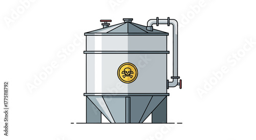 A flat line art icon of a large industrial container with a poison warning sign, symbolizing hazardous materials and chemical safety