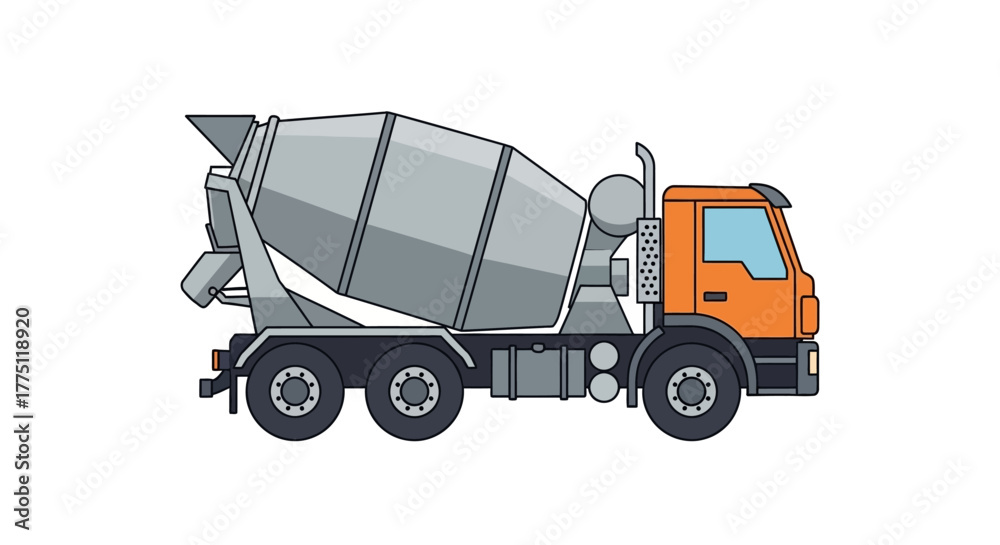 Fototapeta premium Flat style vector illustration of a concrete cement mixer truck, heavy industrial construction machinery vehicle isolated on a white background