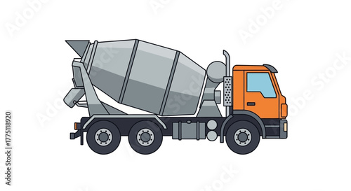 Flat style vector illustration of a concrete cement mixer truck, heavy industrial construction machinery vehicle isolated on a white background