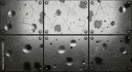 Metal panels riveted together display wear with scratches dents and dark stains on their surface