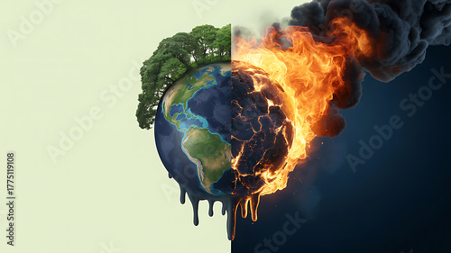 Fototapeta Naklejka Na Ścianę i Meble -  Planet earth divided half lush green life half burning fire and smoke