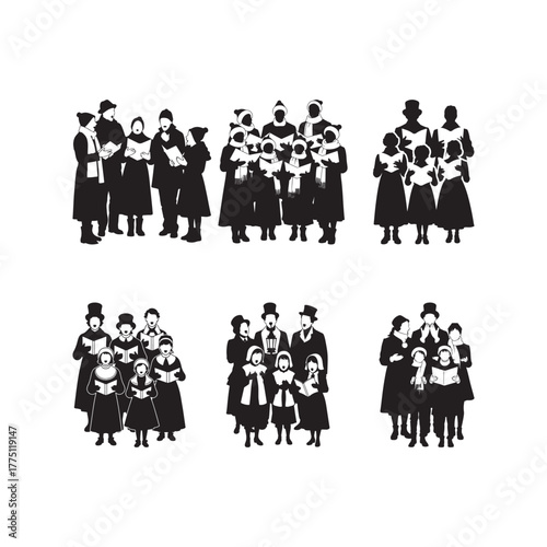 Family Singing Christmas Carols Silhouette Vector Illustration.