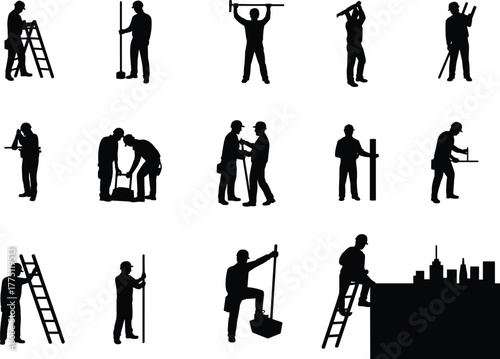Construction worker silhouettes performing various tasks on site, urban labor teamwork, industrial tools, scaffolding, safety gear, and manual effort