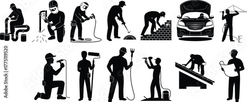 Construction and Maintenance Workers Silhouettes Performing Manual Labor, Skilled Trades, Industrial Tasks, Repair, Painting, Welding, Drilling, Building, Engineering, Planning