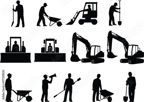 WeConstruction workers and heavy machinery silhouettes performing industrial tasks, excavation, sweeping, wheelbarrow, bulldozer, and site operations vector se
