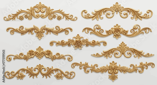 Luxury Gold Ornamental Borders & Baroque Decorative Elements | 3D Vintage Flourish Frames, Royal Carved Design, Classic Elegant Molding Art