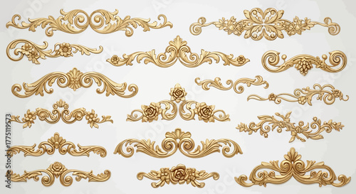 Luxury Gold Ornamental Flourish Borders & Vintage Baroque Dividers | Elegant Decorative Carved Designs, Royal Classic Scroll Frame Elements