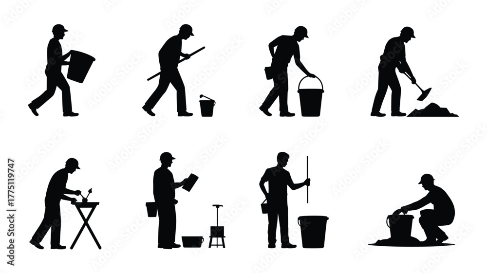 Fototapeta premium Construction workers silhouettes performing various tasks with tools, equipment, and materials for industrial, labor, building, and maintenance vector illustration
