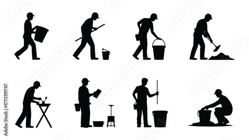 Construction workers silhouettes performing various tasks with tools, equipment, and materials for industrial, labor, building, and maintenance vector illustration