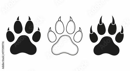 Vector Image Set Three Paw Print Designs with Detailed Claws and Pads in Outlined and Solid Styles