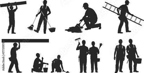 Construction workers silhouettes performing various tasks with tools, equipment, teamwork, labor, maintenance, painting, lifting, sweeping, building, repair