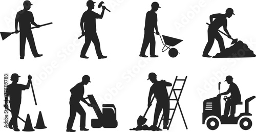 Construction workers silhouettes performing various tasks with tools, equipment, and vehicles for building, maintenance, cleaning, and roadwork vector illustration