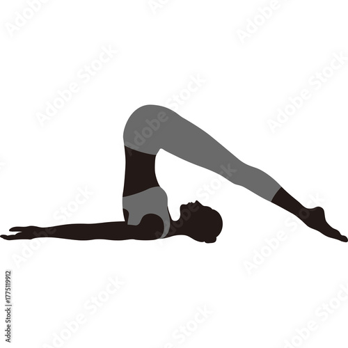 Silhouette of a woman performing Halasana yoga pose with grey activewear on a white background with a transparent background element