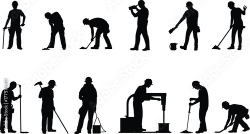 Construction workers silhouettes performing various tasks with tools, safety gear, manual labor poses, industrial site activities, vector illustration set