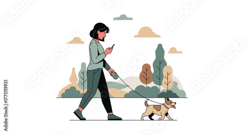 Digital illustration depicting a woman walking her dog while using her phone in the park